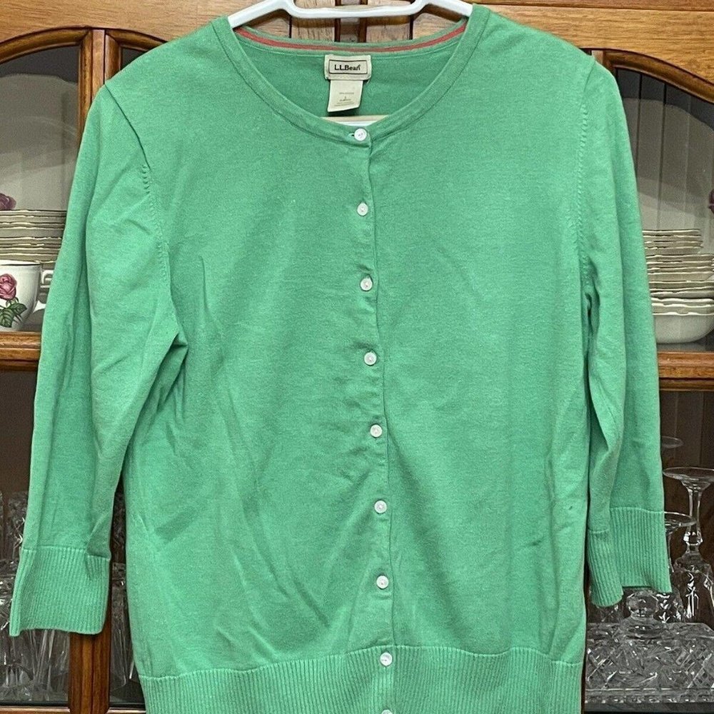 L L Bean Womens Sweater Green Button Down Cotton Large 3/4 sleeves​​